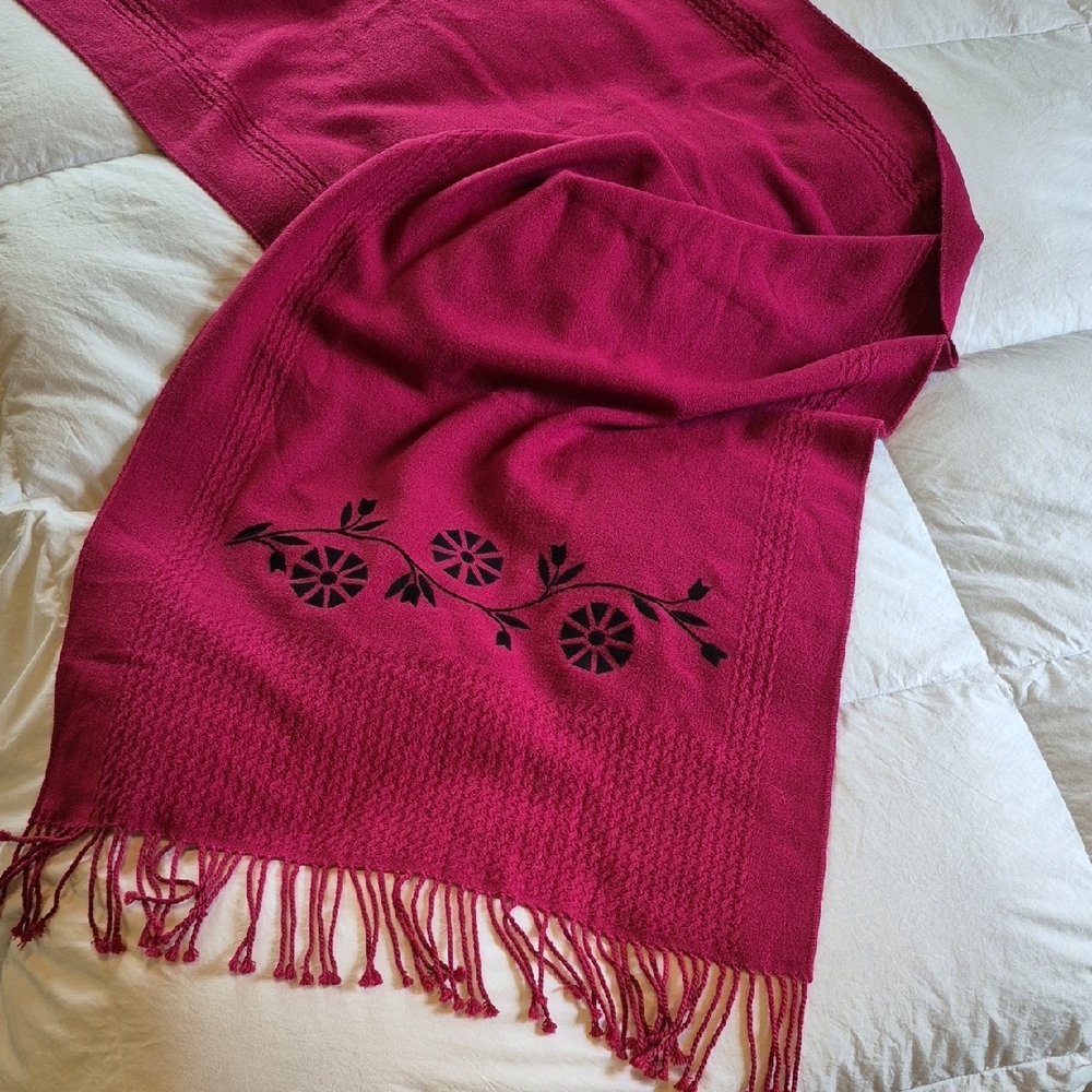 Handmade Magenta Shawl Pink Scarf with Embroidered Black Floral Design